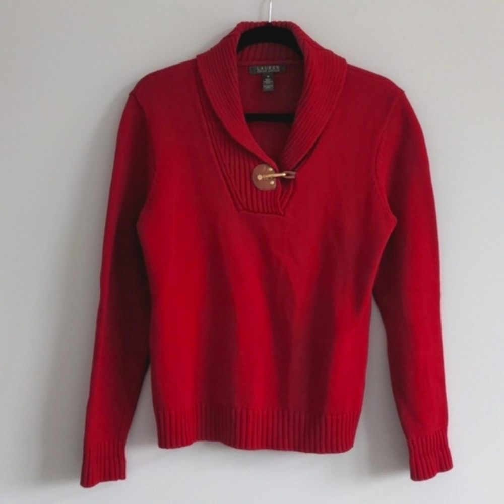 LAUREN RALPH LAUREN | 100% Cotton Sweater V-Neck Long Sleeves, Red, Womens M